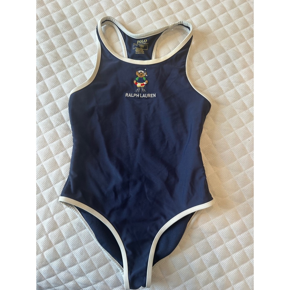 Polo Ralph Lauren Girls Navy Blue Polo Bear Snorkel One Piece Swimsuit Size 4